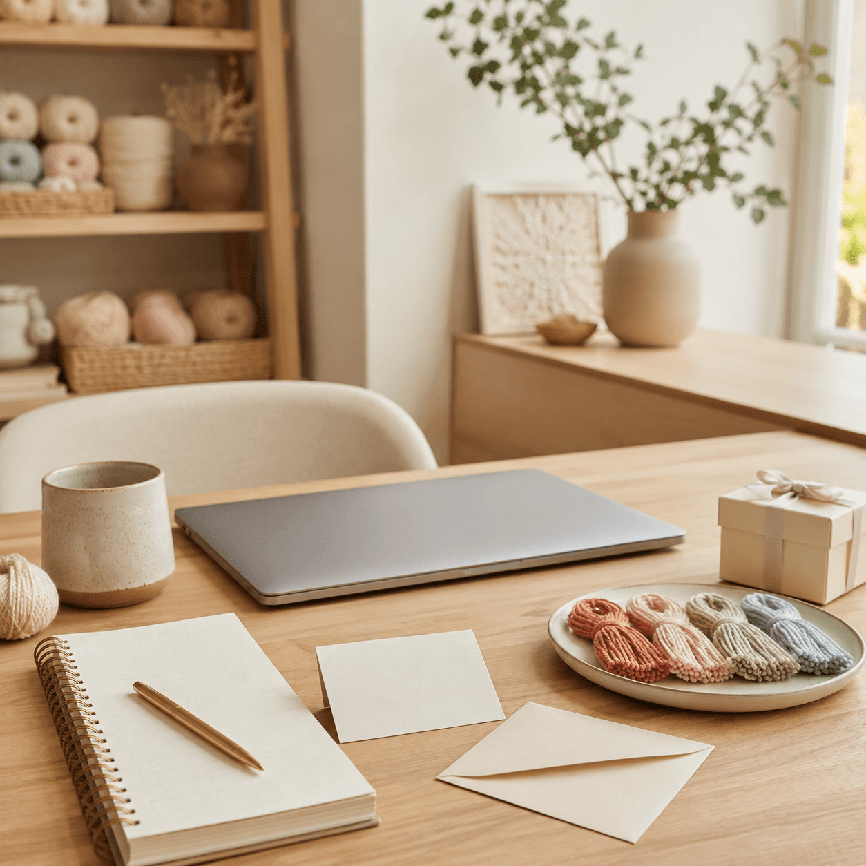 A warm crochet studio support desk with stationery, yarn, and gift packaging