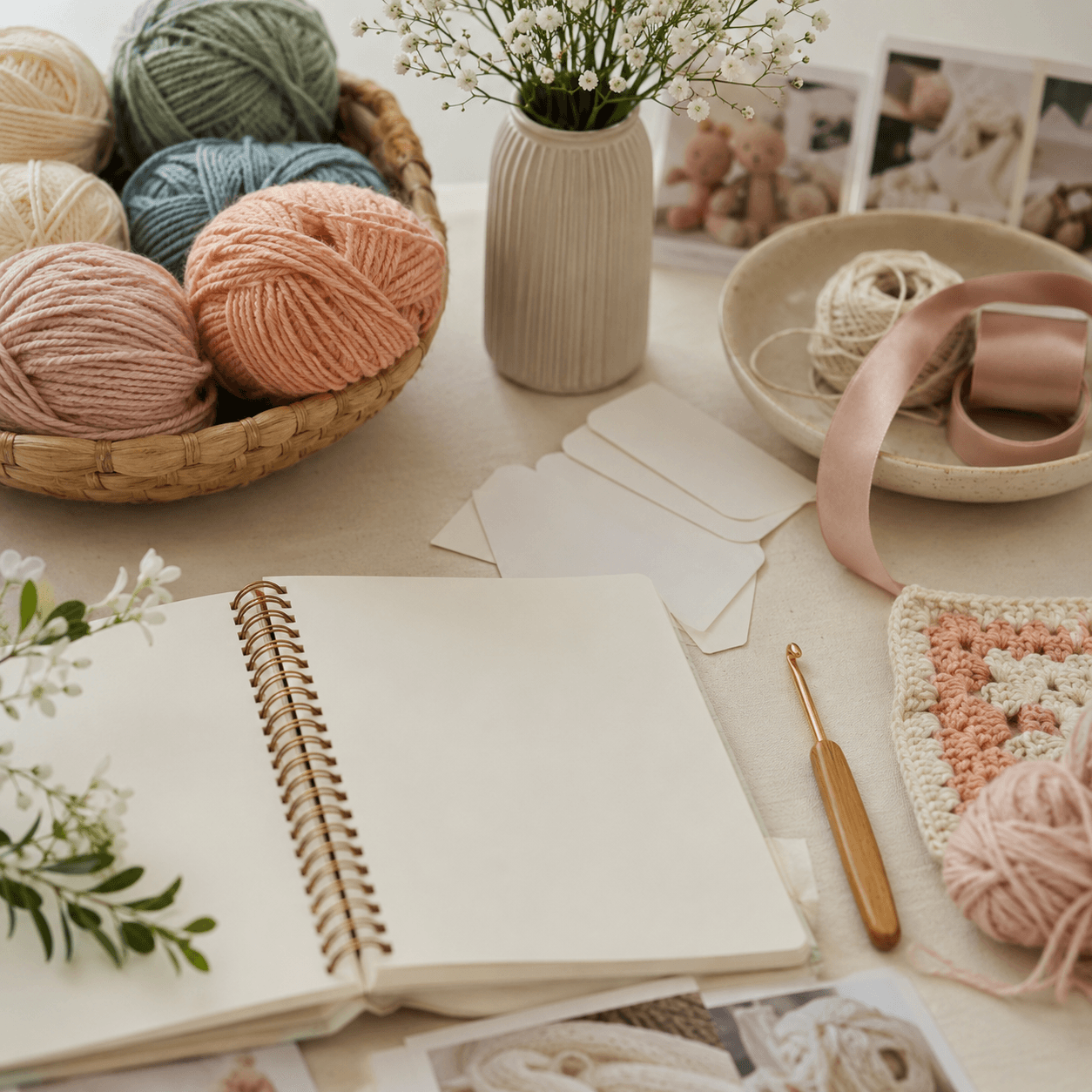 A calm crochet studio workspace arranged for answering common order questions
