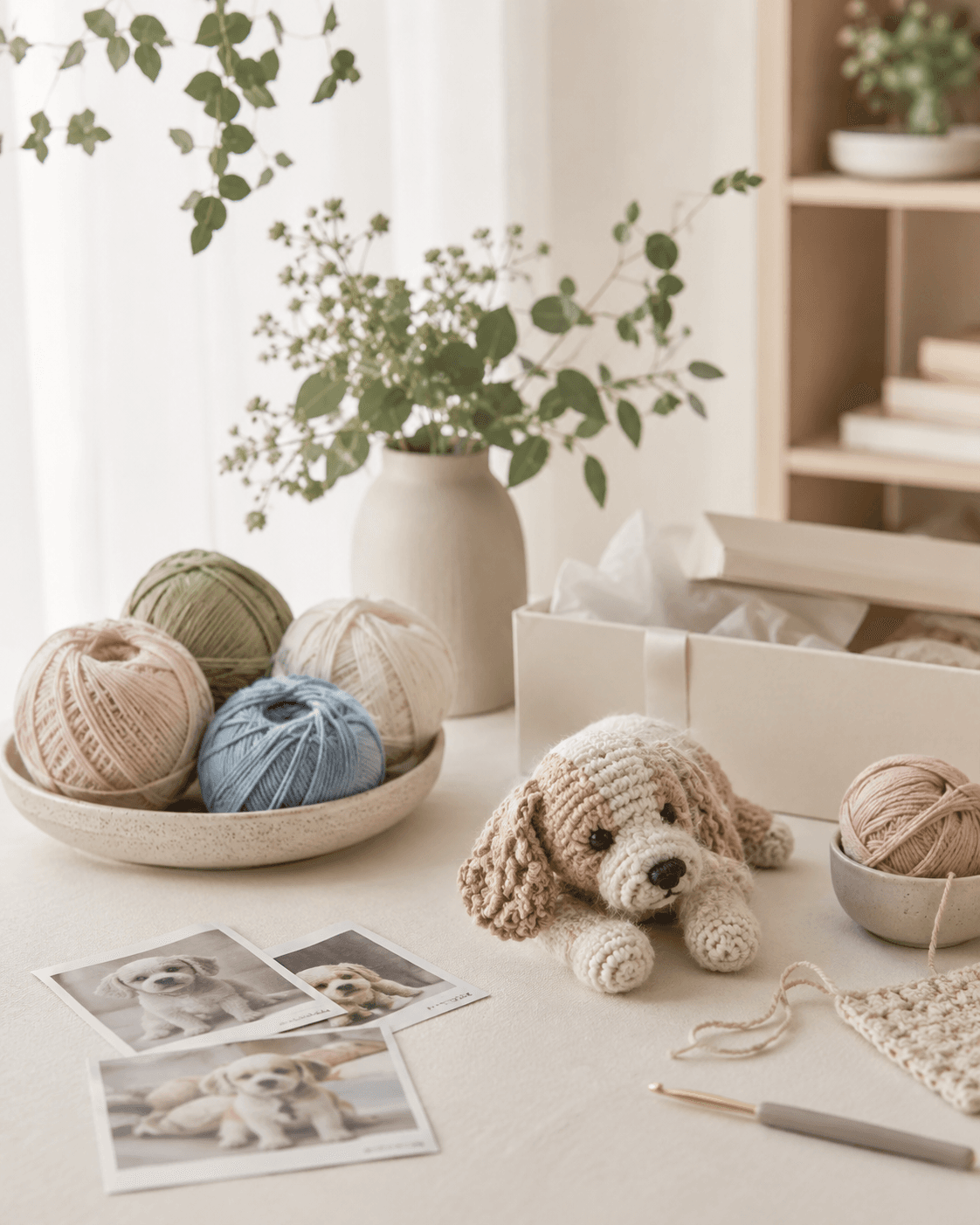 A warm crochet keepsake studio workspace with yarn, tools, and gift packaging