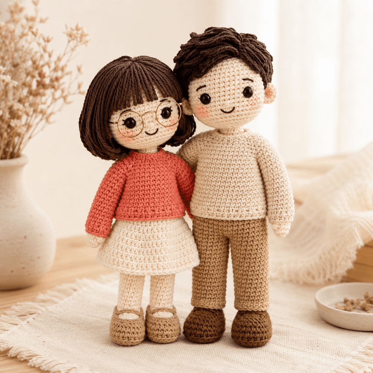 Custom couple crochet dolls from photo displayed on a warm ivory background.