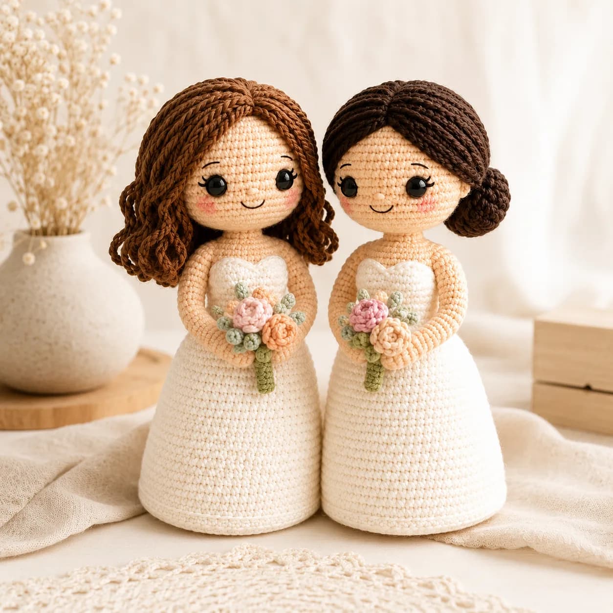Custom bride and bride crochet dolls posed side by side on a soft neutral background with handmade texture and balanced styling.