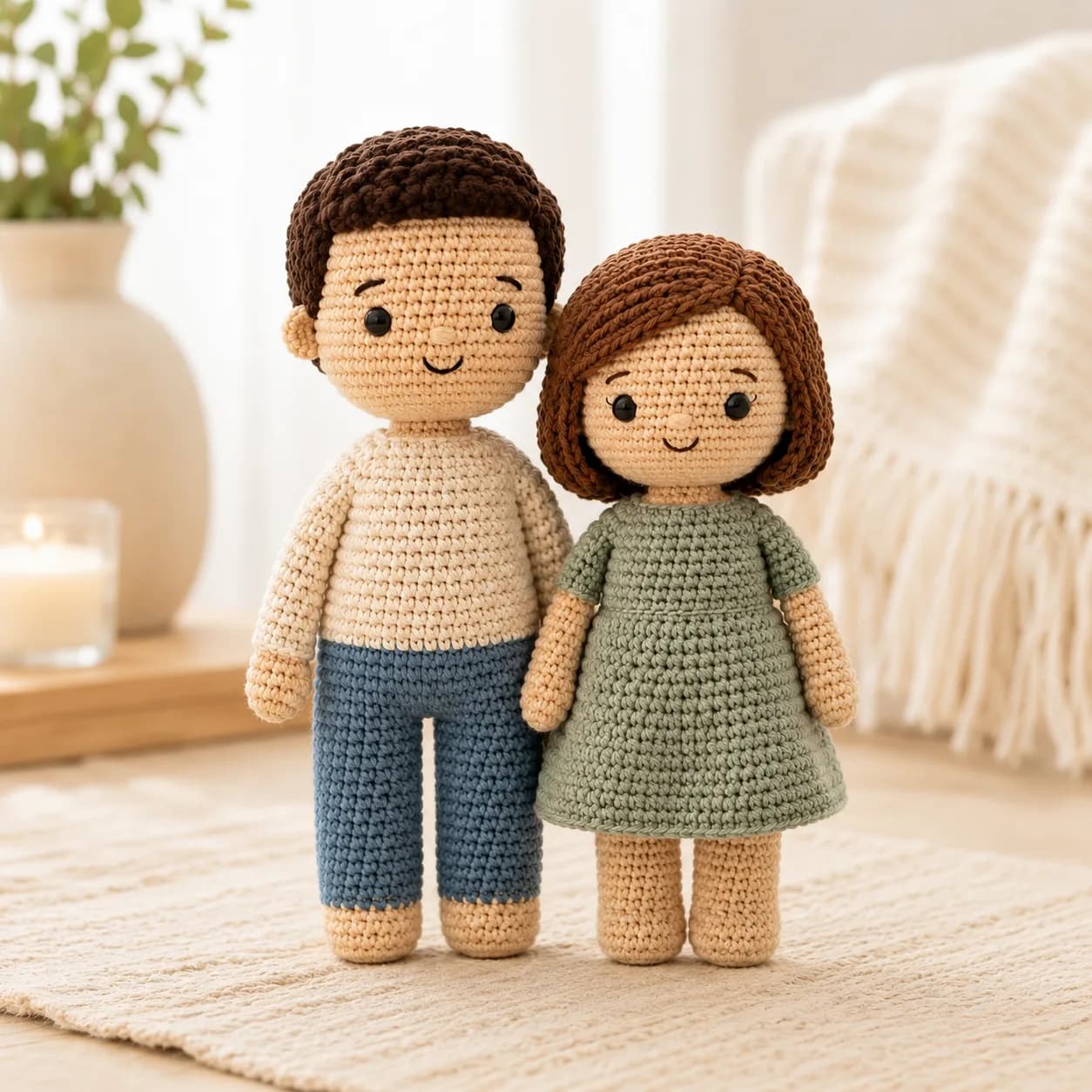 Personalized couple crochet doll set with rounded handmade details, posed side by side on a soft neutral surface.