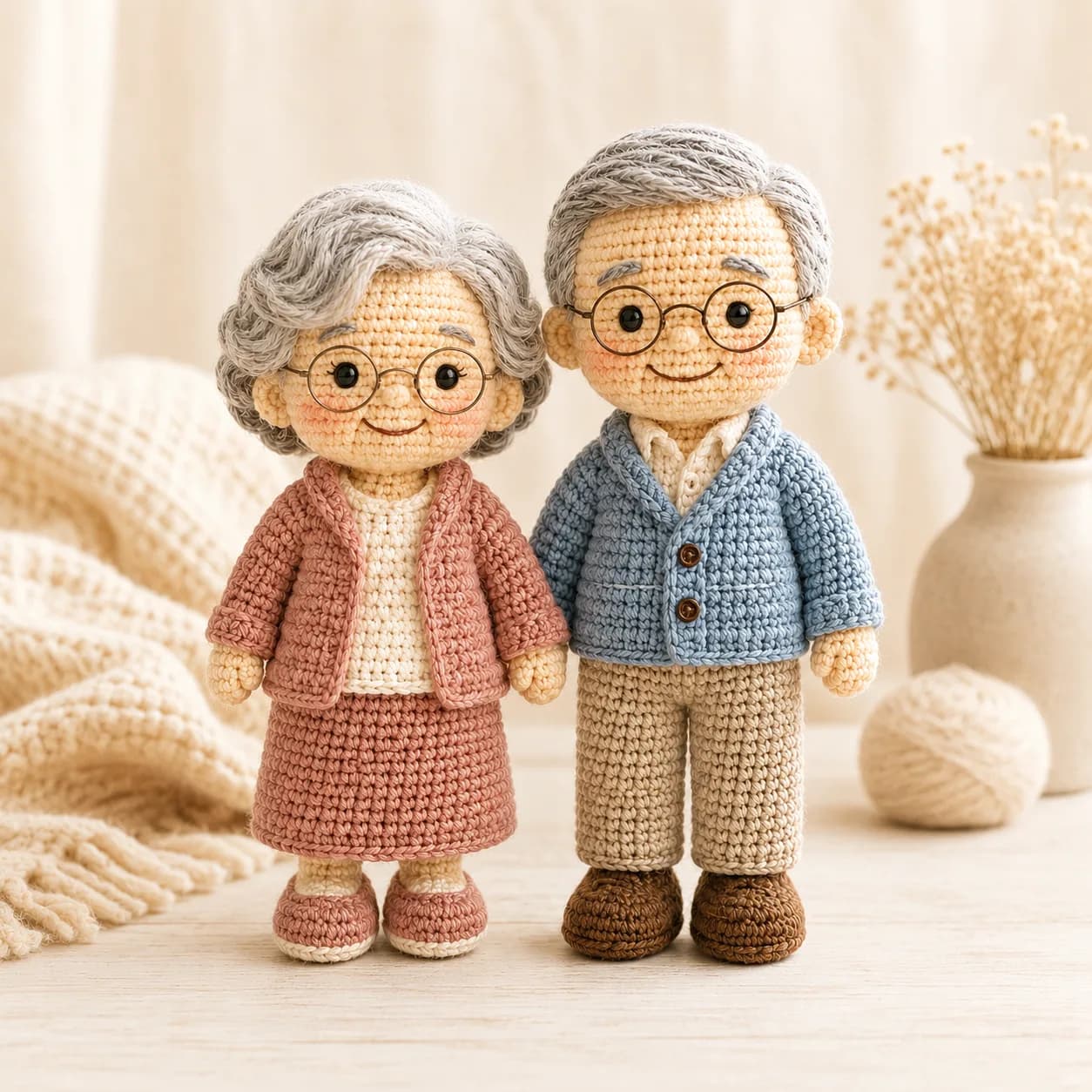 Front view of a custom senior couple crochet doll set with simplified hair, clothing color cues, and gentle expressions.