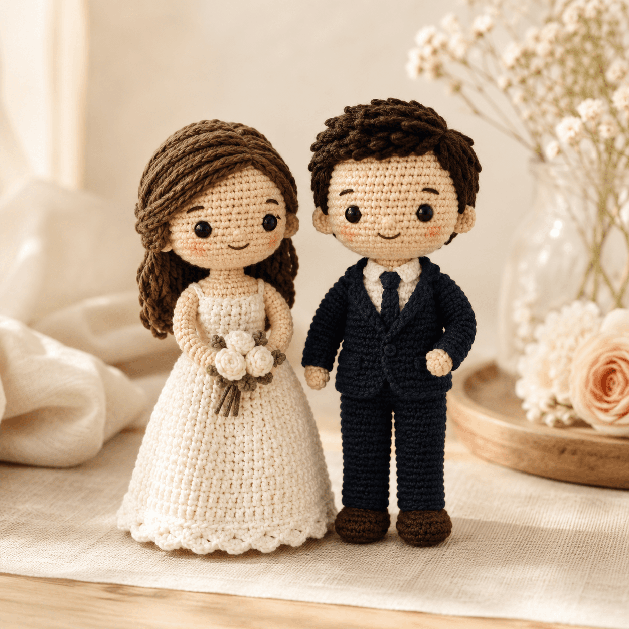Two handmade crochet wedding dolls displayed together, with brown hair, ivory dress, and navy suit details.
