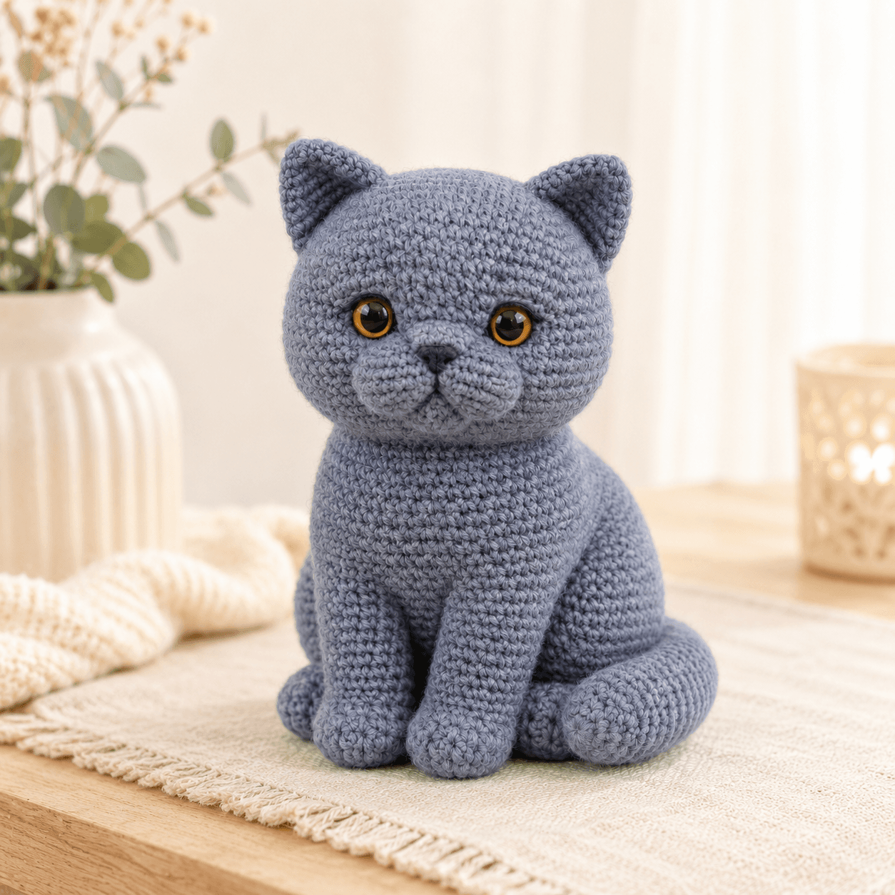Handmade British Shorthair crochet keepsake displayed in a cozy neutral setting with soft yarn texture.