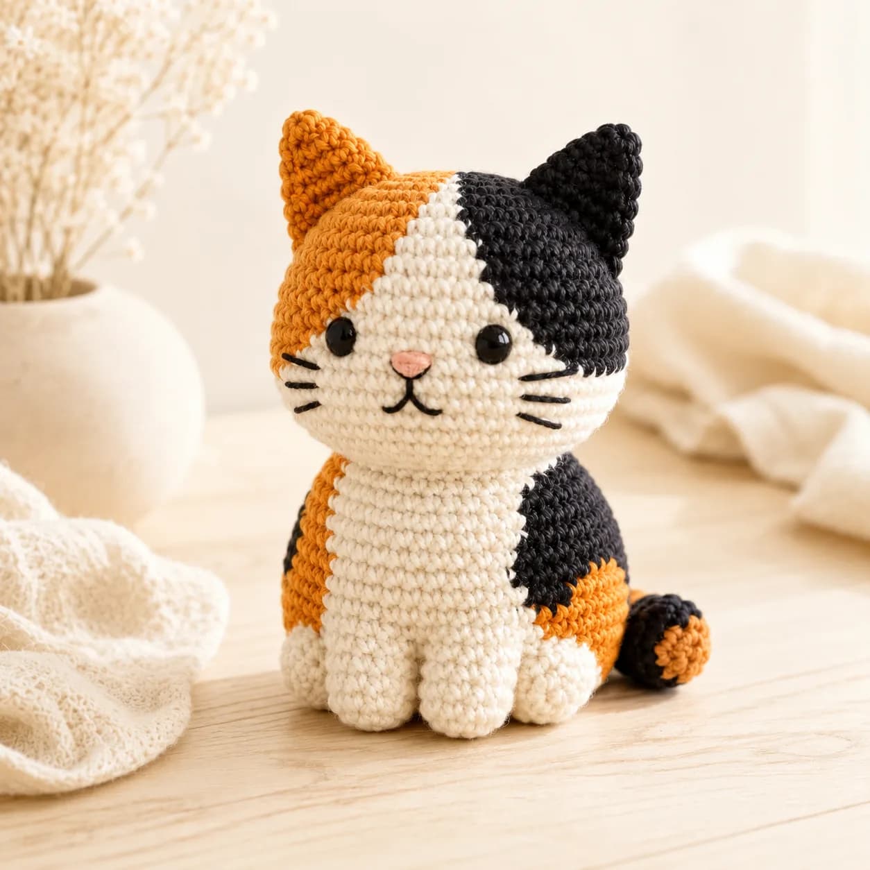 Handmade seated calico amigurumi cat with visible stitches, sturdy paws, and a short tail.