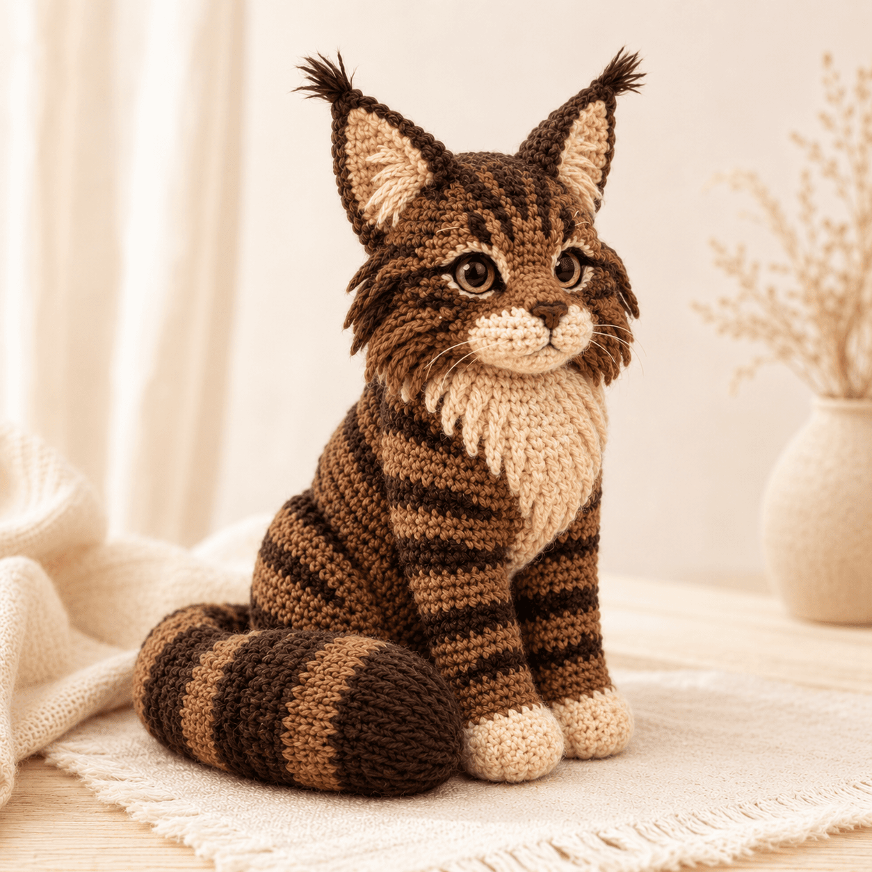 Handmade seated Maine Coon crochet keepsake with broad gentle face, tabby markings, lighter chest, and soft yarn texture.
