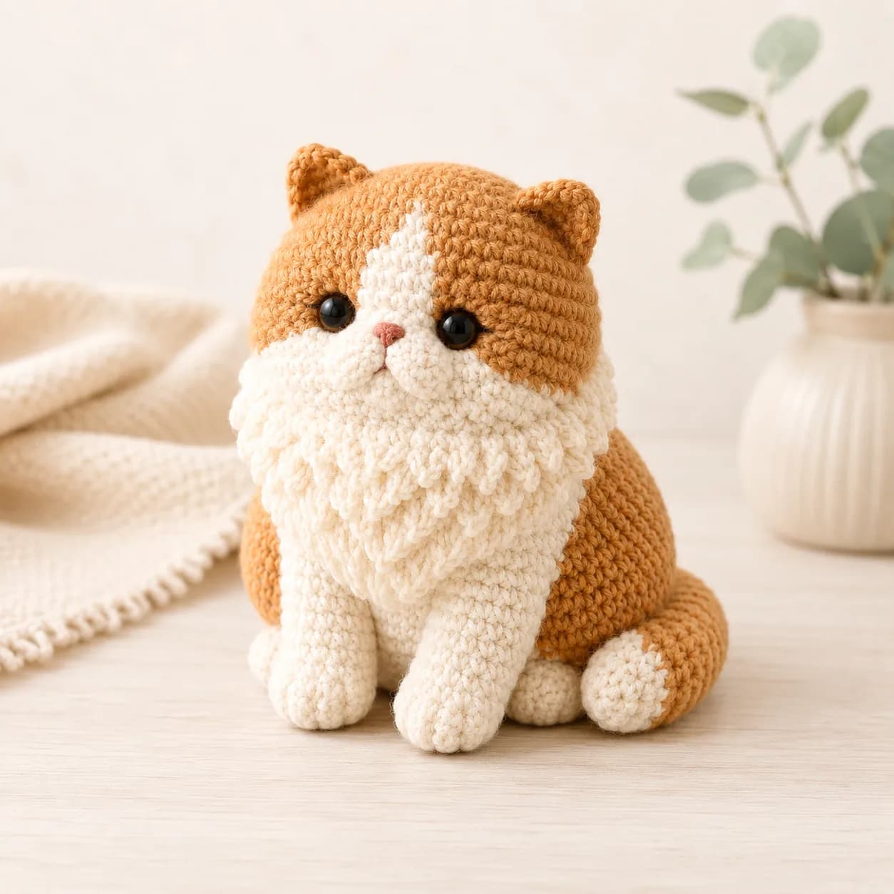 Handmade Persian cat crochet figure with rounded body, compact muzzle, visible stitches, and soft yarn texture.