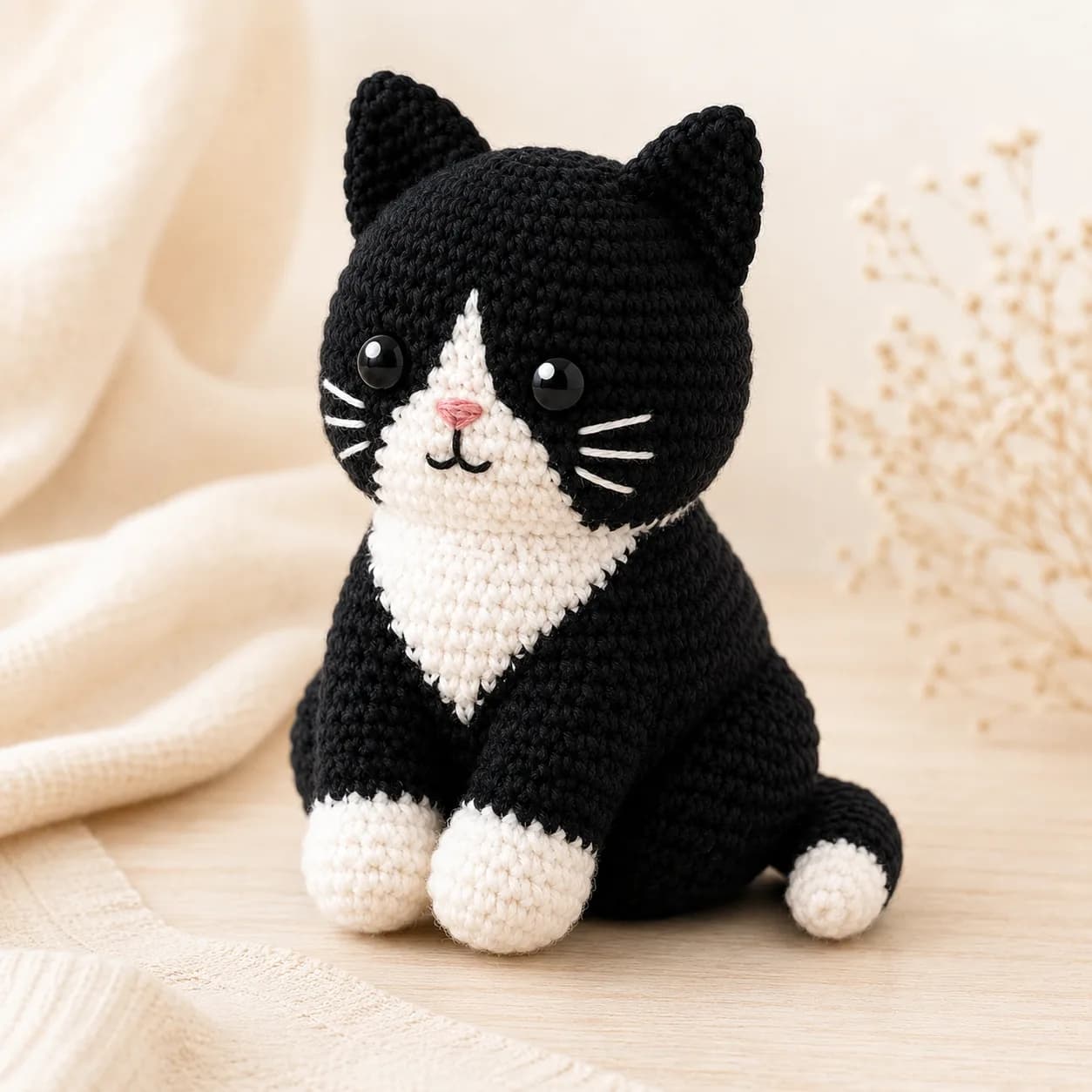 Handmade tuxedo cat keepsake in a rounded seated shape with clear black-and-white blocks, white paws, and visible yarn texture.
