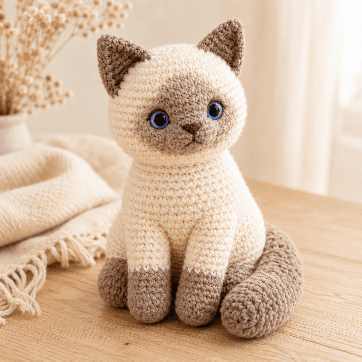 Custom Ragdoll cat crochet keepsake from photo displayed on a warm ivory background.