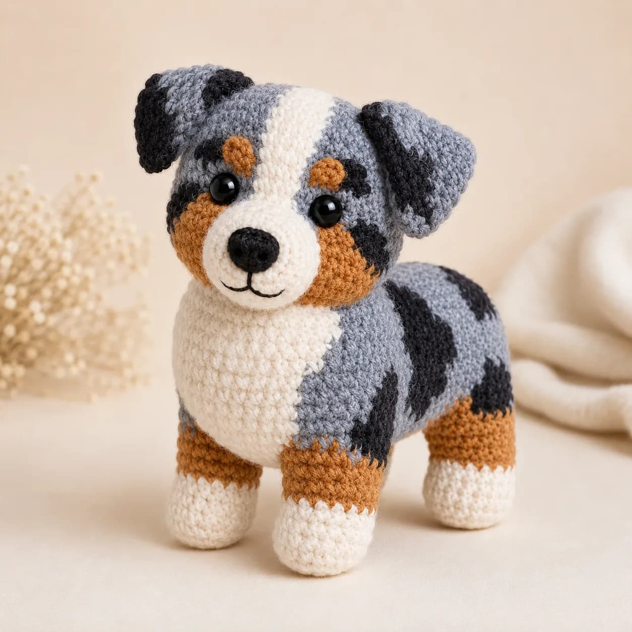 Handmade Australian Shepherd crochet keepsake with soft ears, muzzle details, and tri-color coat pattern on a neutral surface.