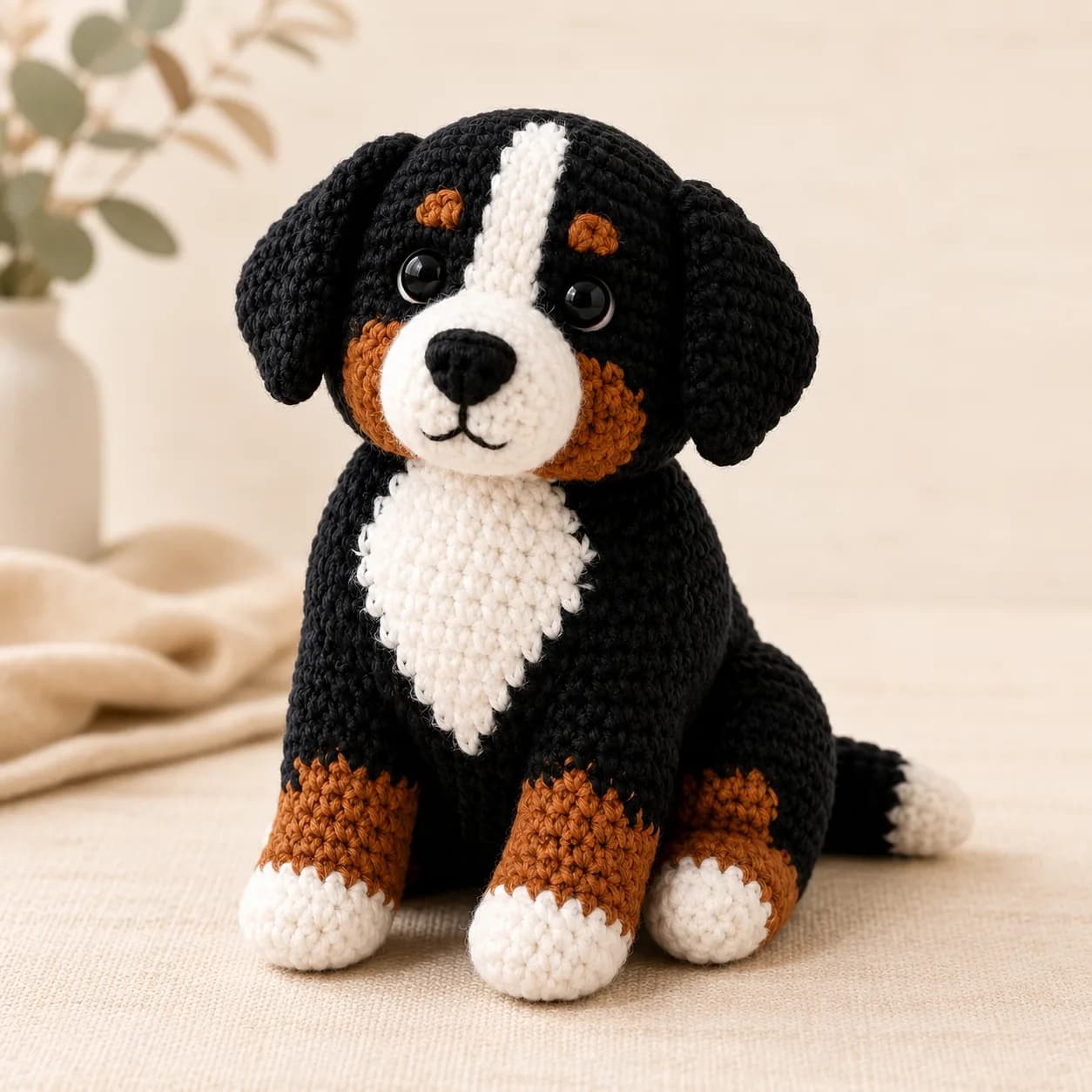 Custom Bernese Mountain Dog crochet dog with soft ears, rounded body, white chest, and visible yarn stitches.