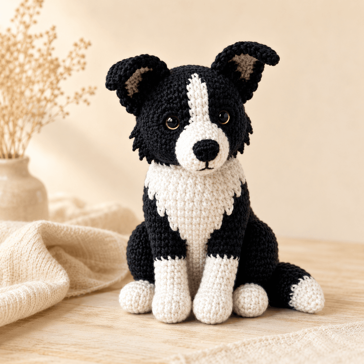Handmade Border Collie amigurumi with black-and-white markings, gentle dark eyes, white paws, and visible yarn stitches.