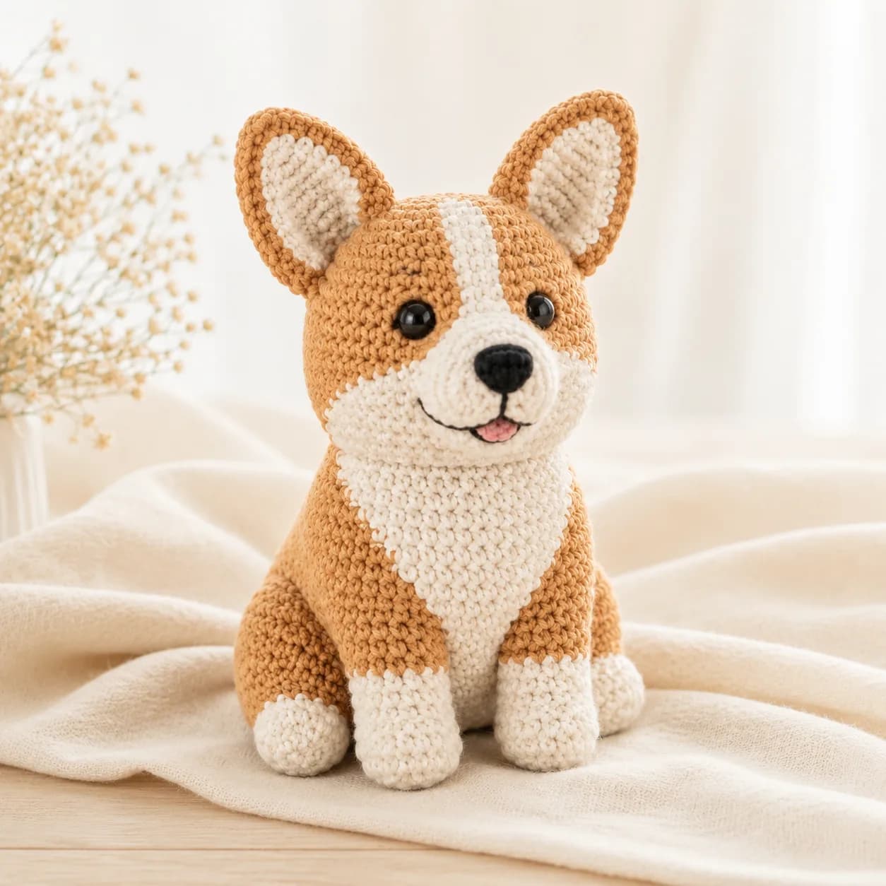Handmade corgi crochet keepsake shown as a premium gift, with visible stitches and rounded amigurumi shape.
