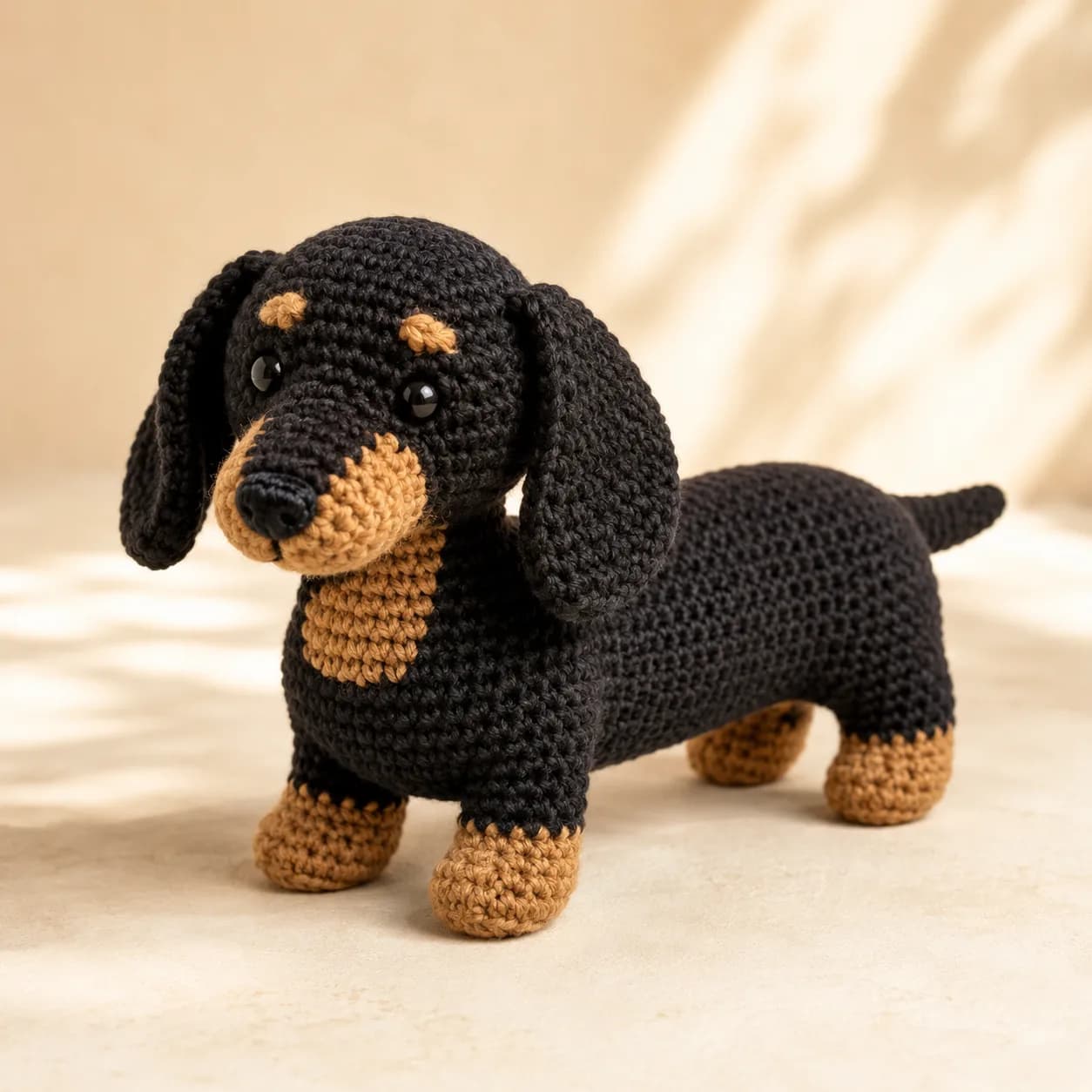 Handmade Dachshund crochet keepsake posed on a soft cream studio surface with visible yarn stitches.