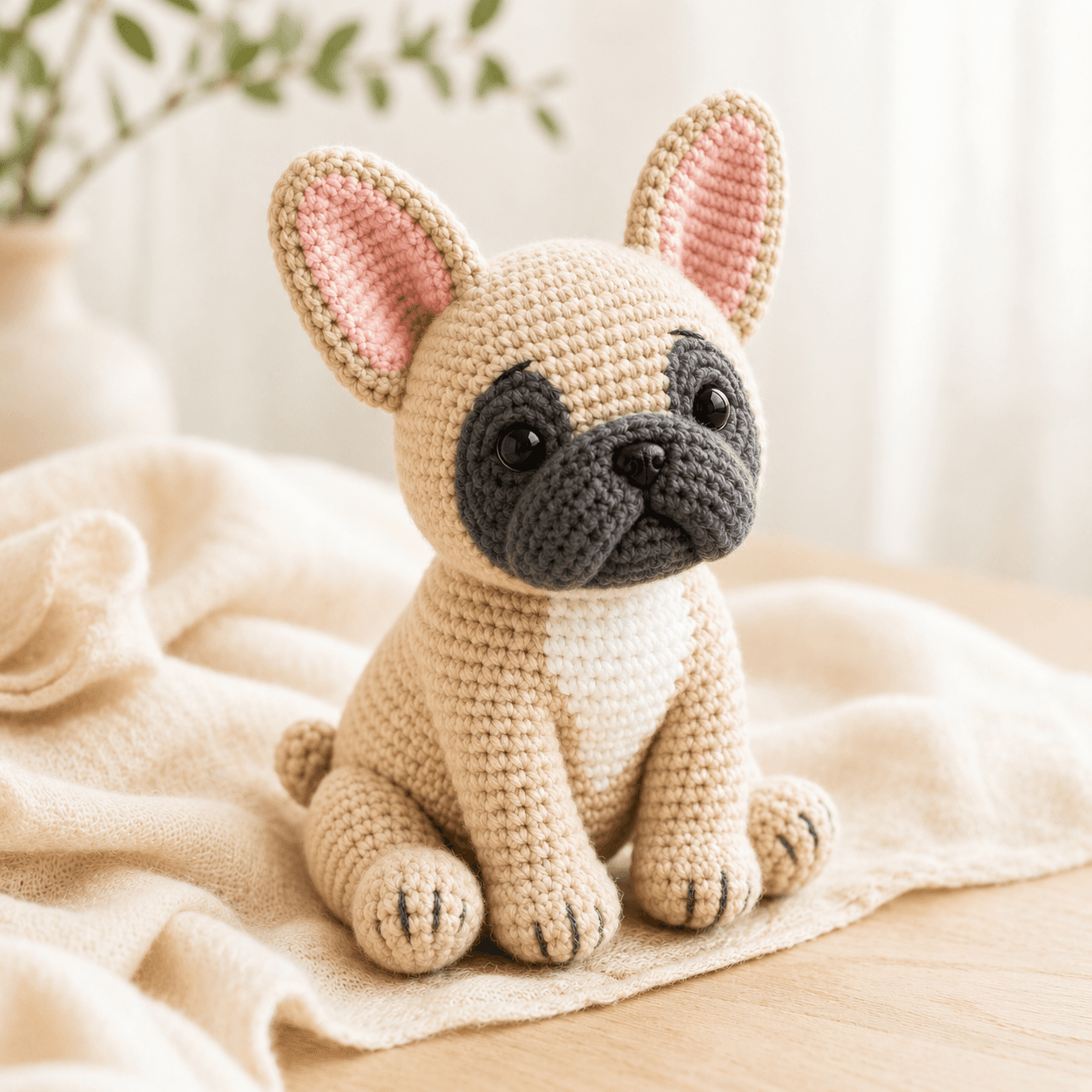 Custom French Bulldog crochet keepsake from photo displayed on a warm ivory background.