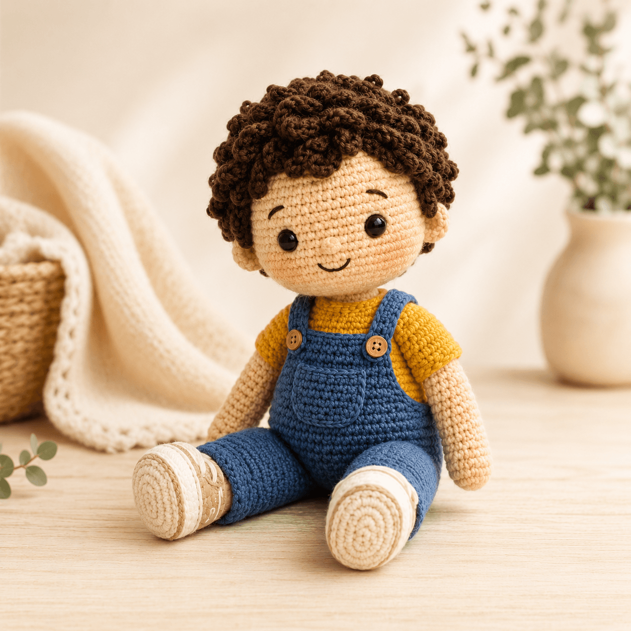 Handmade child crochet doll seated in a warm studio scene with dark curled hair, gentle smile, and blue overalls.
