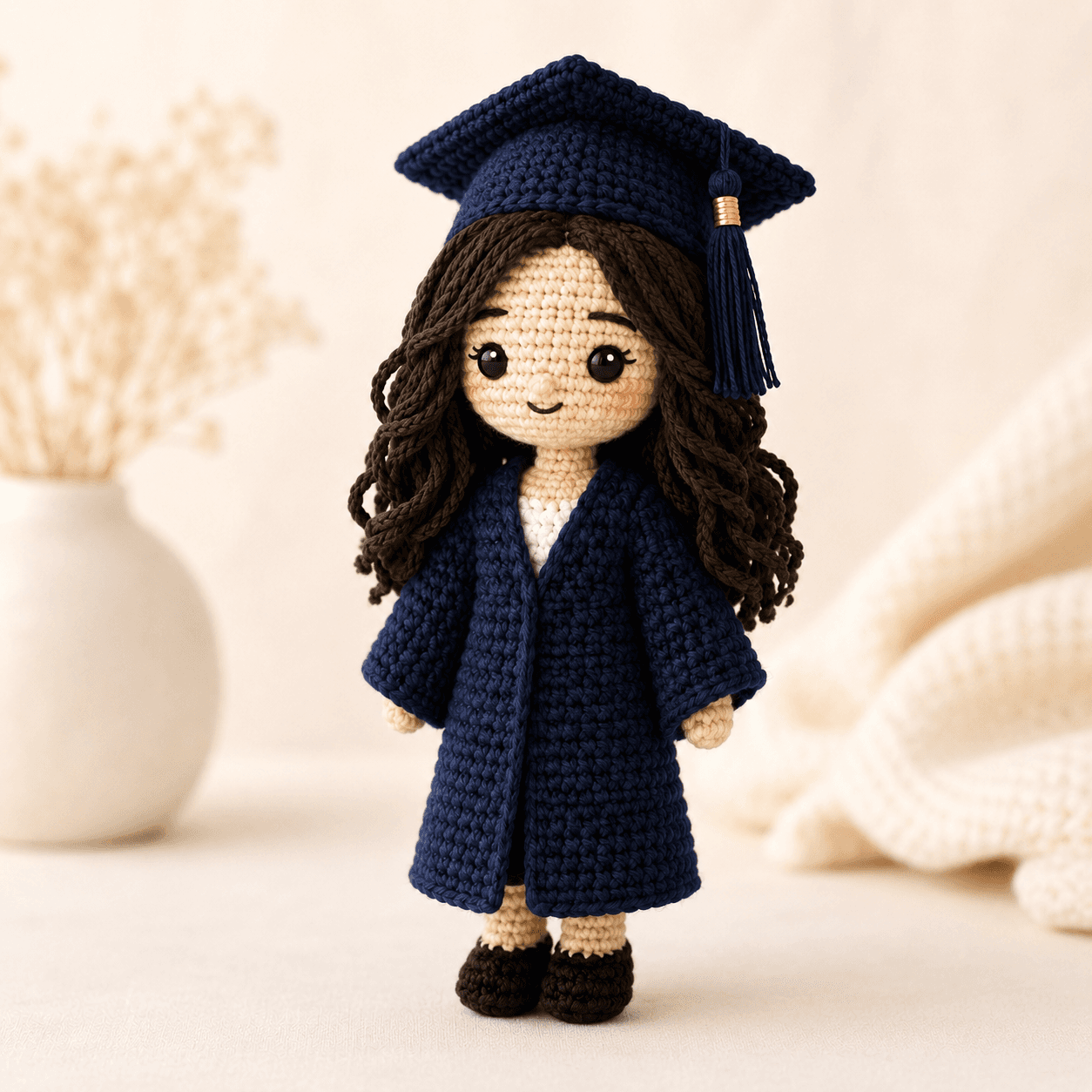 Handmade graduate crochet doll in navy cap and gown with soft dark brown hair, dark shoes, and visible yarn stitches.