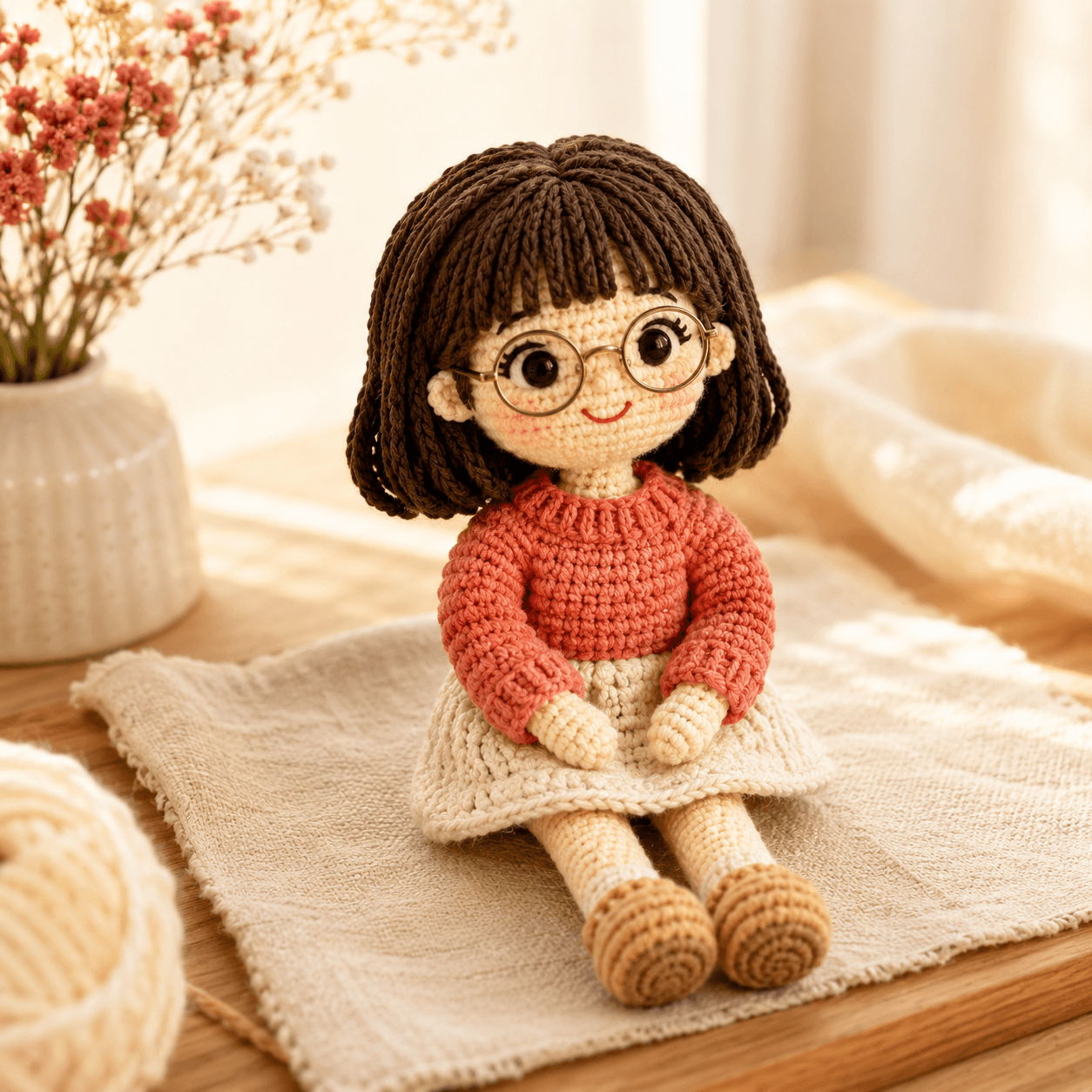 Custom human crochet doll from photo displayed on a warm ivory background.