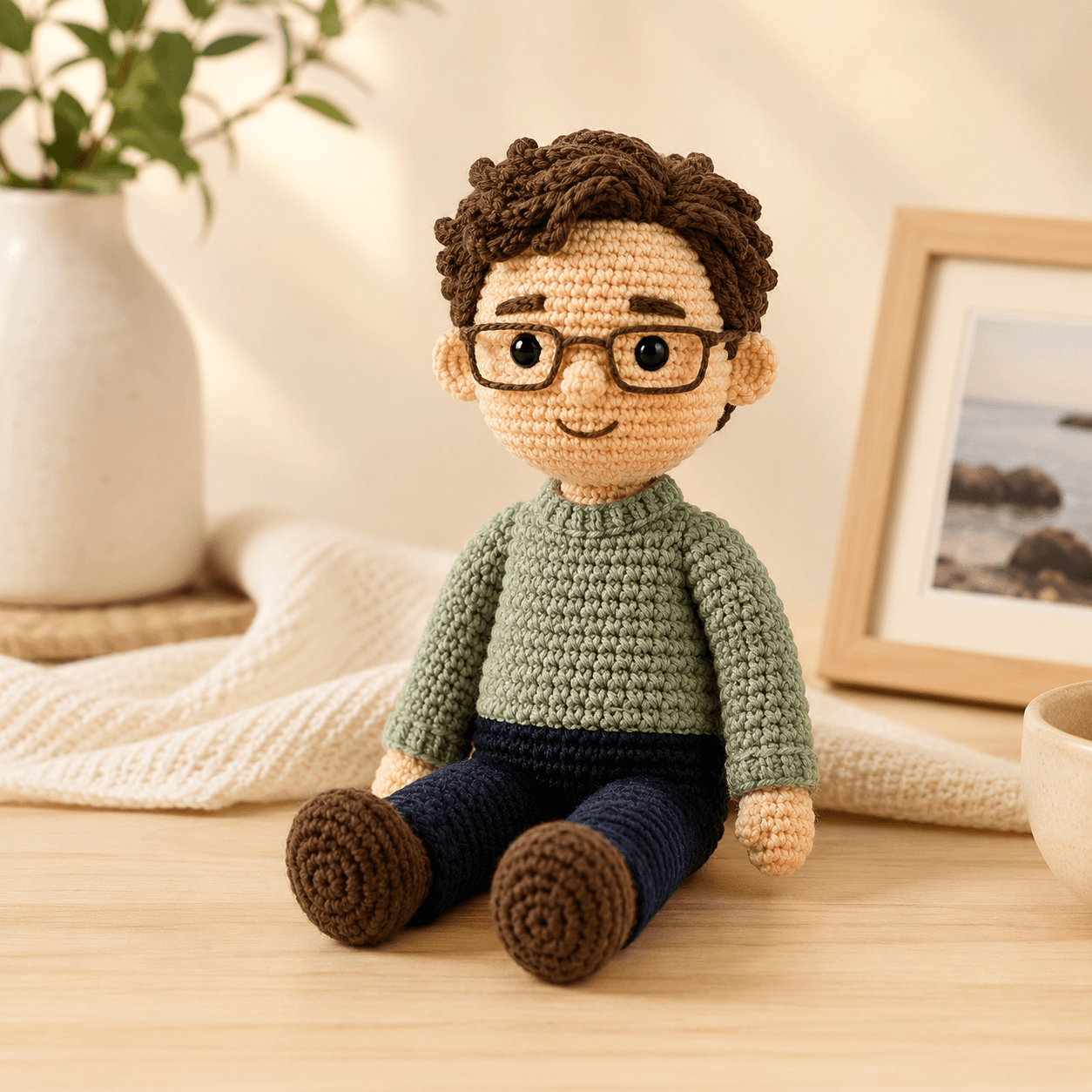 Custom man crochet doll with glasses from photos displayed on a warm ivory background.