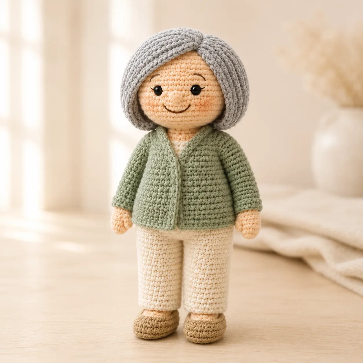 Handmade retirement crochet doll displayed upright in soft daylight with visible yarn stitches and warm farewell gift styling.