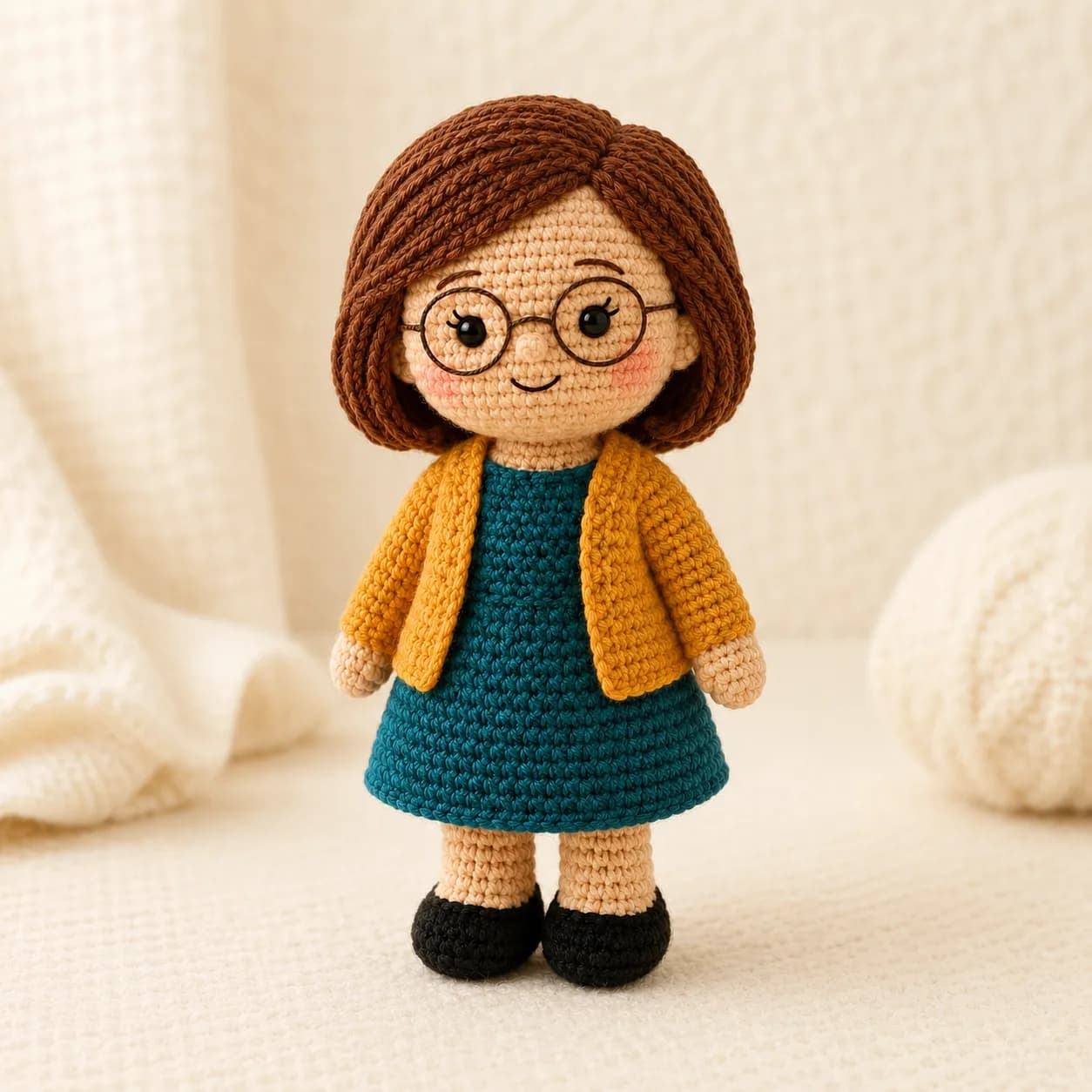Handmade teacher appreciation crochet doll with rounded amigurumi shape, soft yarn texture, and friendly expression.