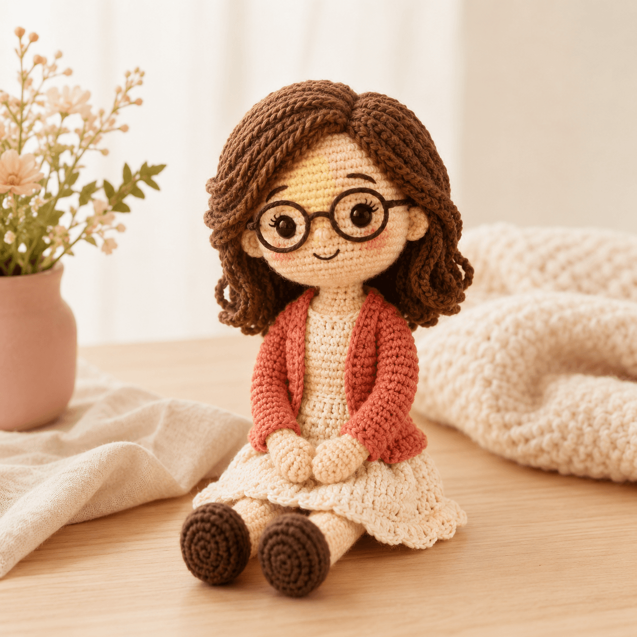 Custom woman crochet doll with glasses from photos displayed on a warm ivory background.