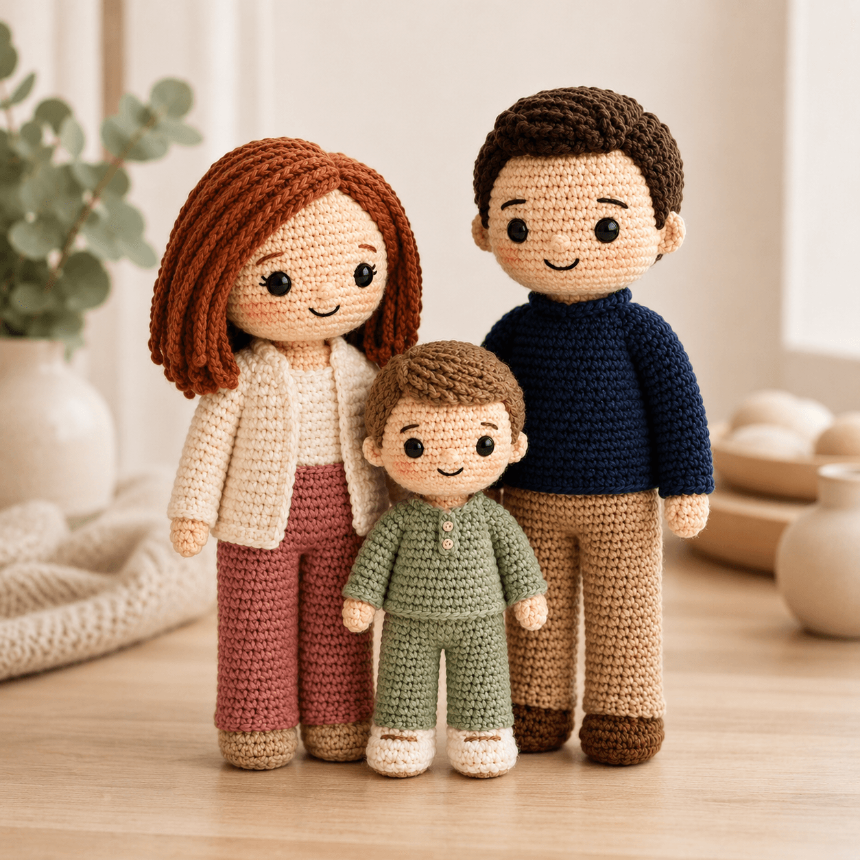 Handmade three-person family crochet doll set with cream, dusty rose, navy, tan, sage, and cream outfit details.
