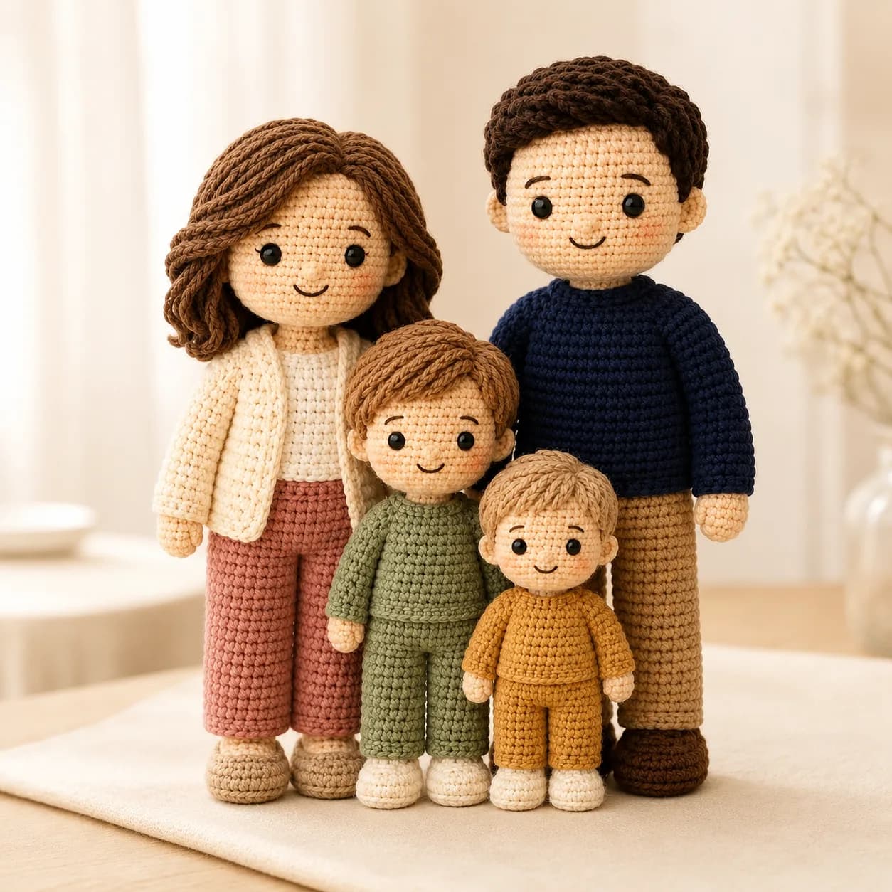 Handmade family of four crochet dolls arranged in a balanced display with visible stitches and soft natural styling.