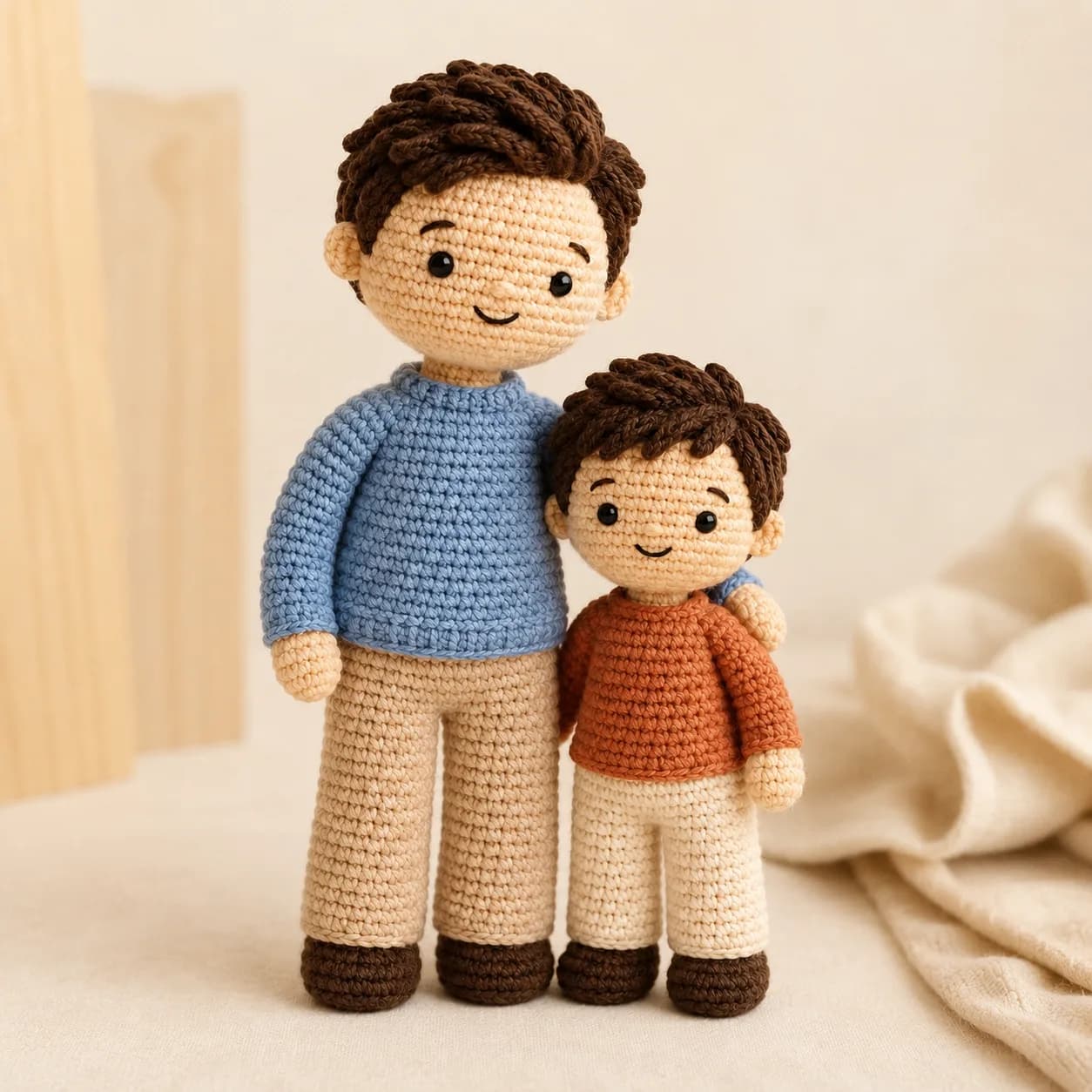 Two separate crochet dolls of a father and child with simple hairstyles, soft faces, and coordinated clothing colors.