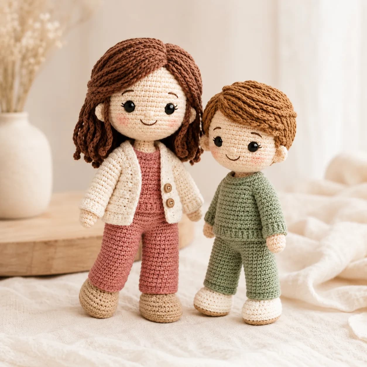 Premium sibling crochet doll set on soft cream fabric with clear handmade texture and warm gift styling.