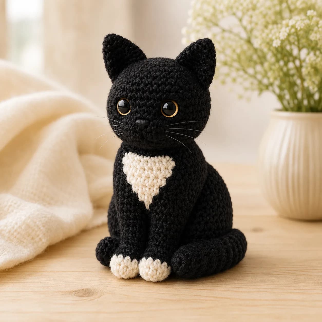 Handmade black cat memorial crochet keepsake displayed in a warm ivory studio setting.