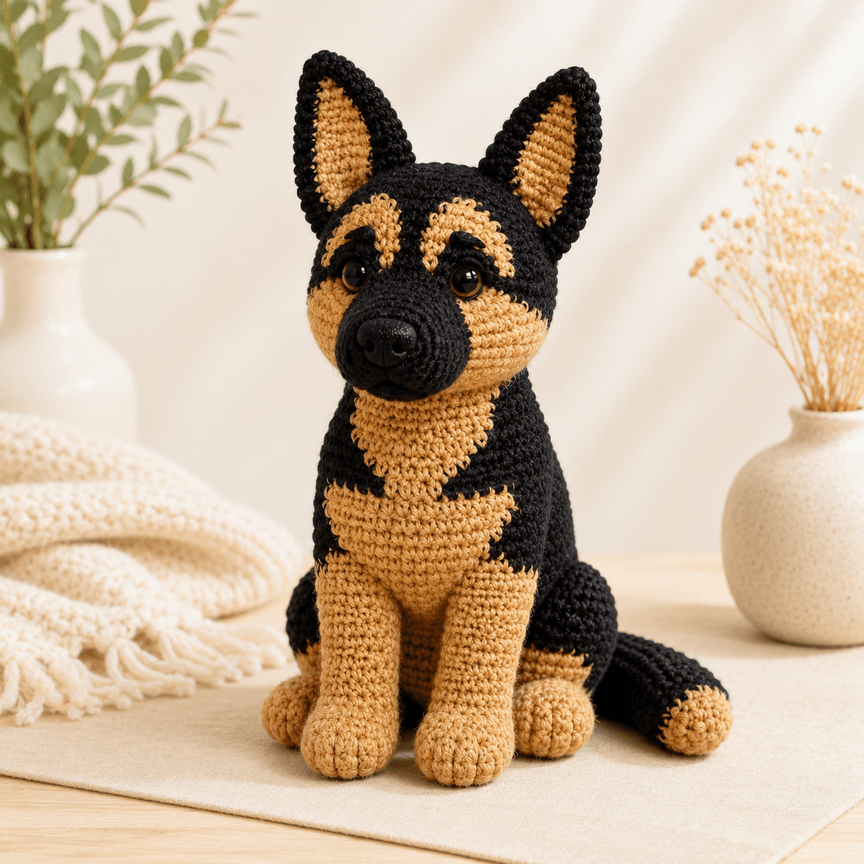 Handmade German Shepherd memorial crochet dog with dark facial mask, tan chest, and peaceful brown eyes.