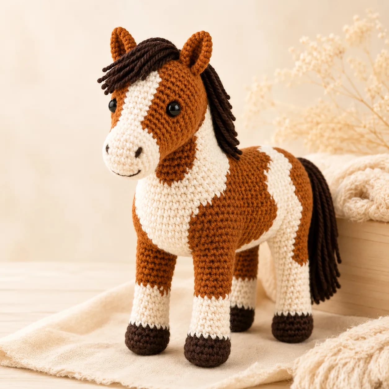 Handmade horse remembrance crochet piece in a balanced pose with simplified mane, tail, and soft studio lighting.