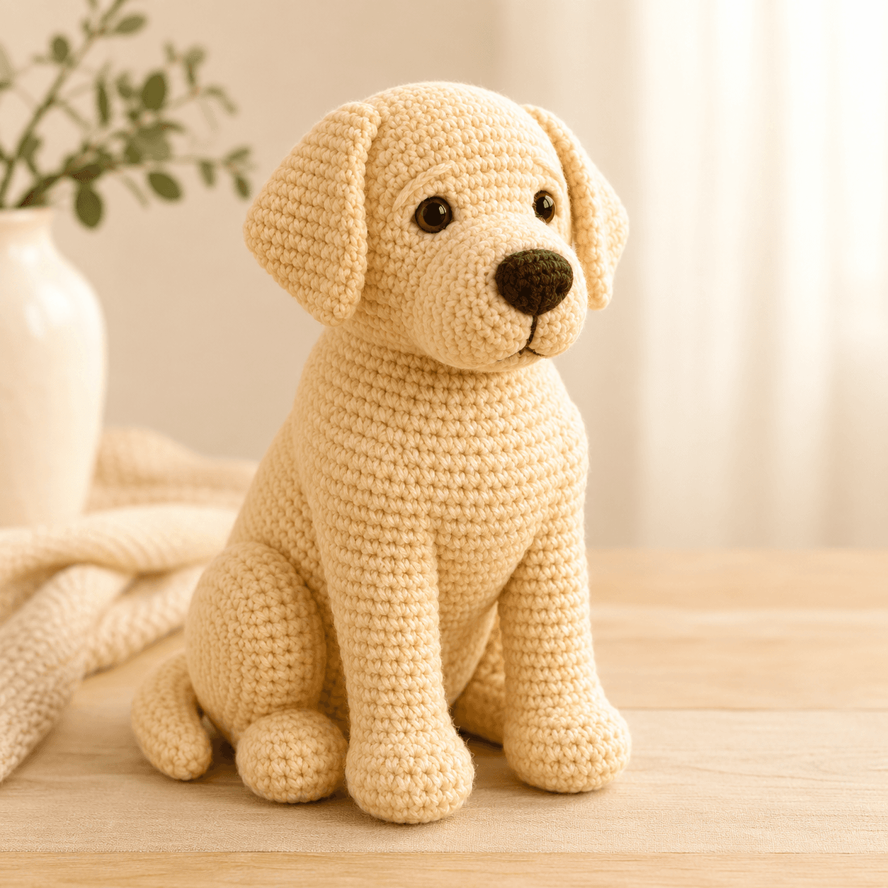 Handmade Labrador memorial crochet dog in a peaceful seated pose with warm cream yarn and soft stitch texture.