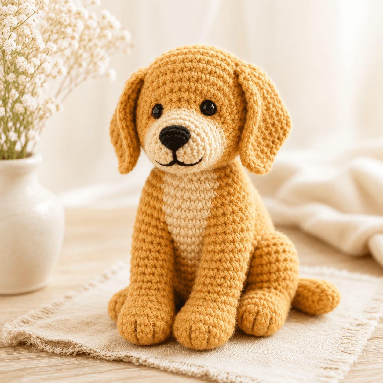 Golden Retriever memorial crochet keepsake from photo displayed on a calm warm background.